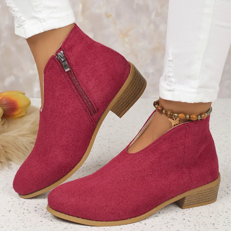 Autumn and Winter Cross-Border   Leopard Root Booties Side Zipper round Toe V Cut Suede Ankle Boots Female in Stock