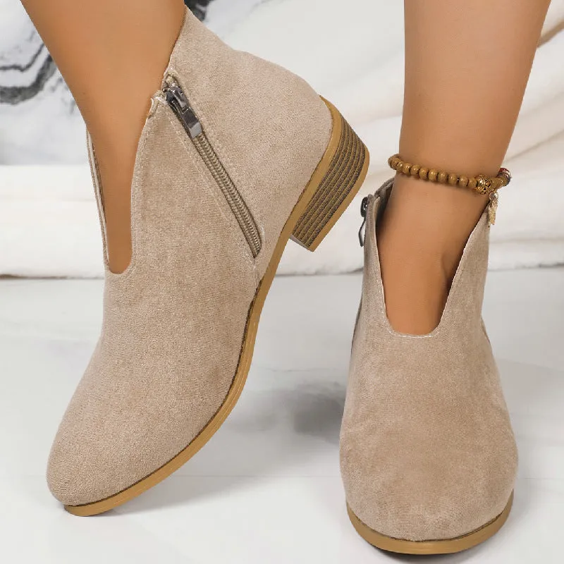 Autumn and Winter Cross-Border   Leopard Root Booties Side Zipper round Toe V Cut Suede Ankle Boots Female in Stock