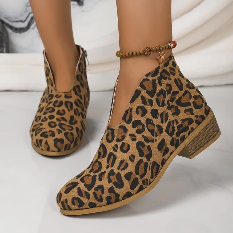 Autumn and Winter Cross-Border   Leopard Root Booties Side Zipper round Toe V Cut Suede Ankle Boots Female in Stock