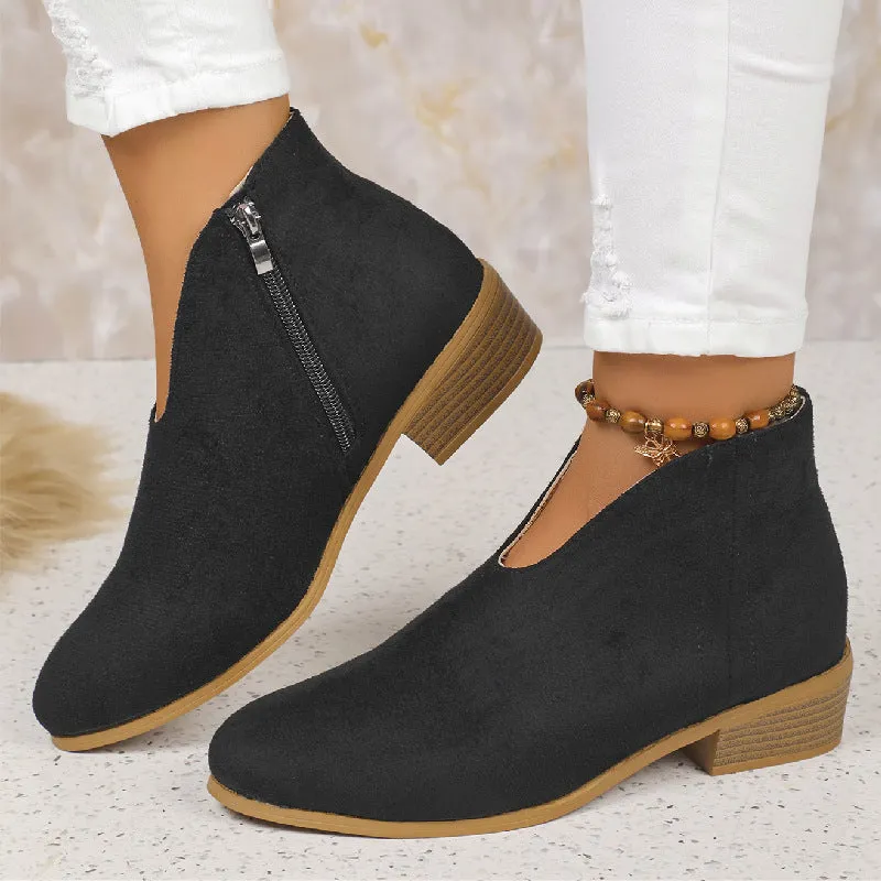 Autumn and Winter Cross-Border   Leopard Root Booties Side Zipper round Toe V Cut Suede Ankle Boots Female in Stock