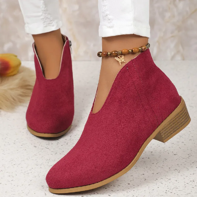 Autumn and Winter Cross-Border   Leopard Root Booties Side Zipper round Toe V Cut Suede Ankle Boots Female in Stock