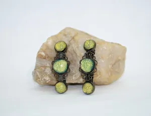 Barrette pair, bronze flowers with yellow/green dichroic fused glass cabochons, french clip, 2 1/4 inches