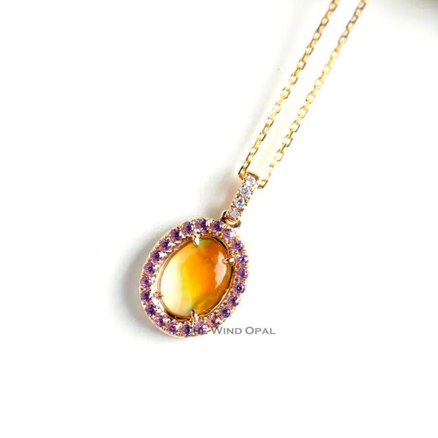 Beautiful Flame Two Side Mexican Fire Opal, Diamond Necklace 18K Yellow Gold