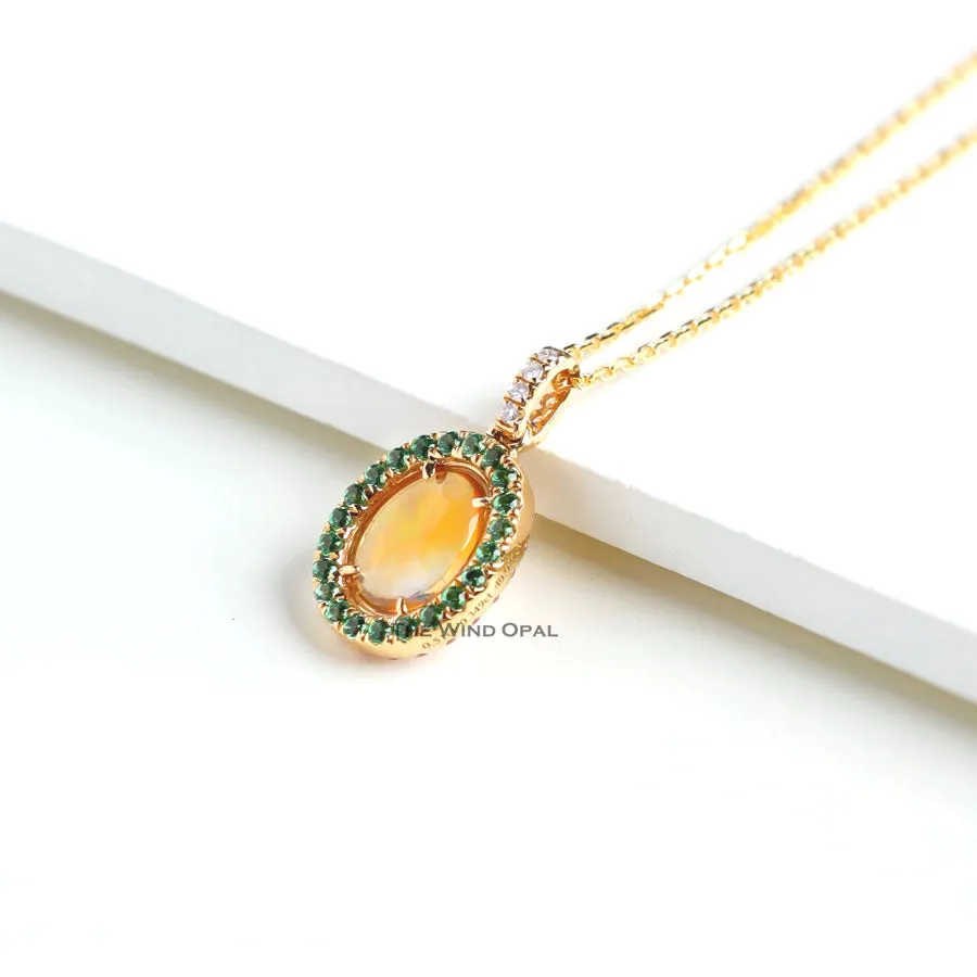 Beautiful Flame Two Side Mexican Fire Opal, Diamond Necklace 18K Yellow Gold