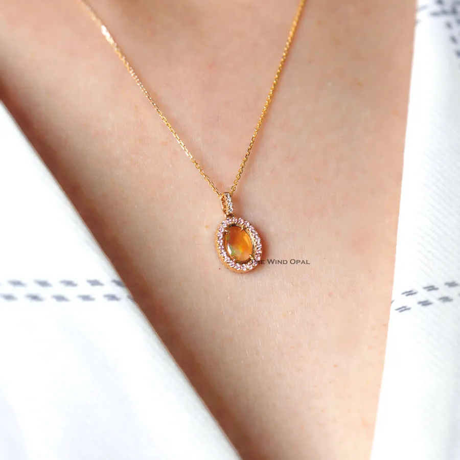 Beautiful Flame Two Side Mexican Fire Opal, Diamond Necklace 18K Yellow Gold