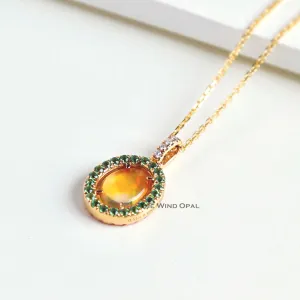 Beautiful Flame Two Side Mexican Fire Opal, Diamond Necklace 18K Yellow Gold