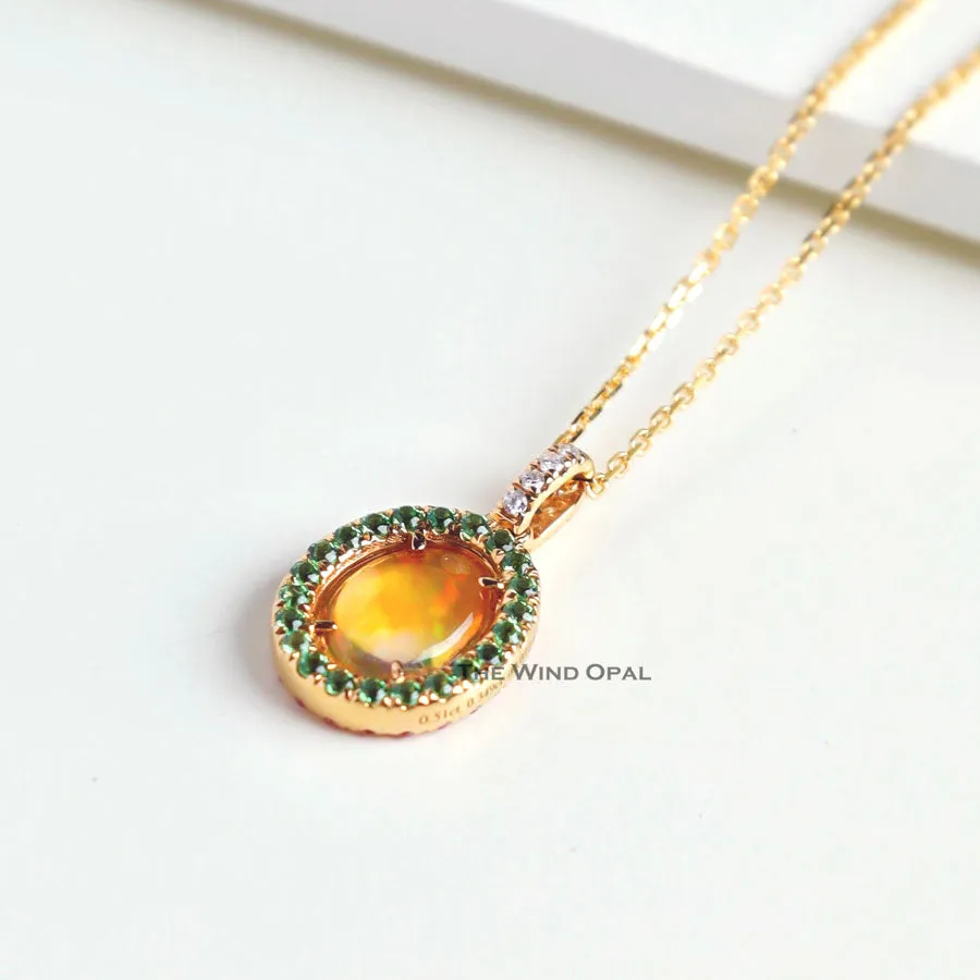 Beautiful Flame Two Side Mexican Fire Opal, Diamond Necklace 18K Yellow Gold
