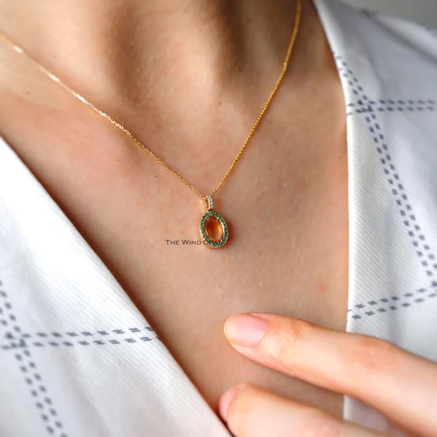 Beautiful Flame Two Side Mexican Fire Opal, Diamond Necklace 18K Yellow Gold