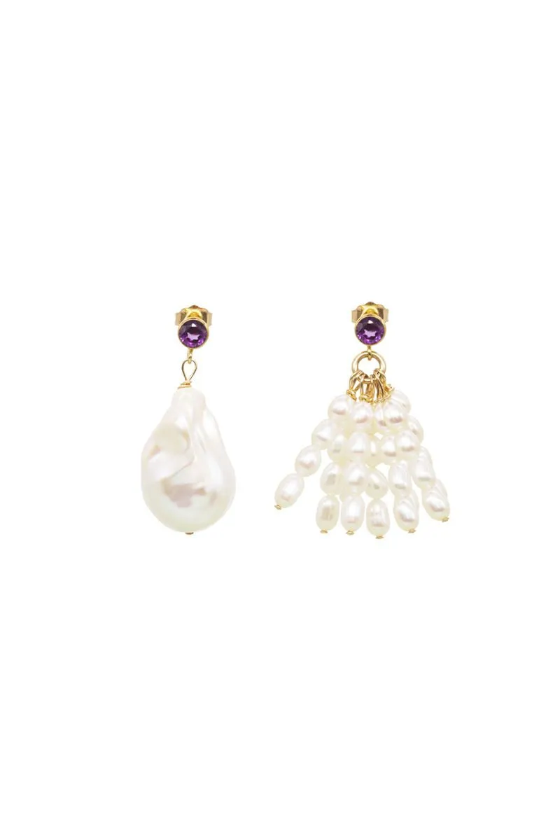 BELLA MISMATCHED AMETHYST GEMSTONE AND PEARL EARRINGS