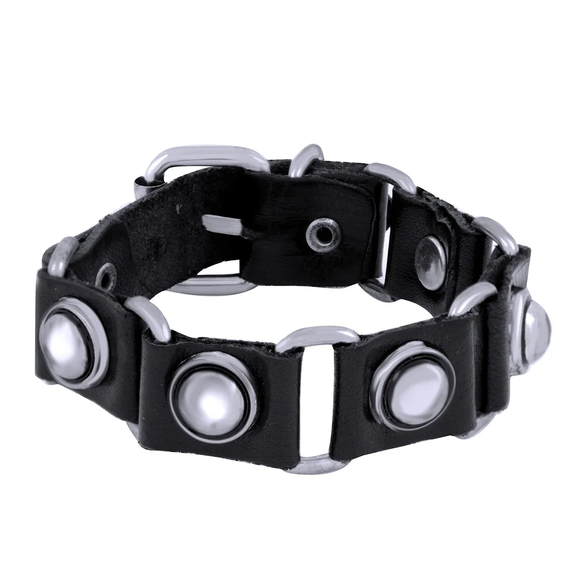 Black Leather Steel Bullet Bracelet Strap Strand Free Size For Men
