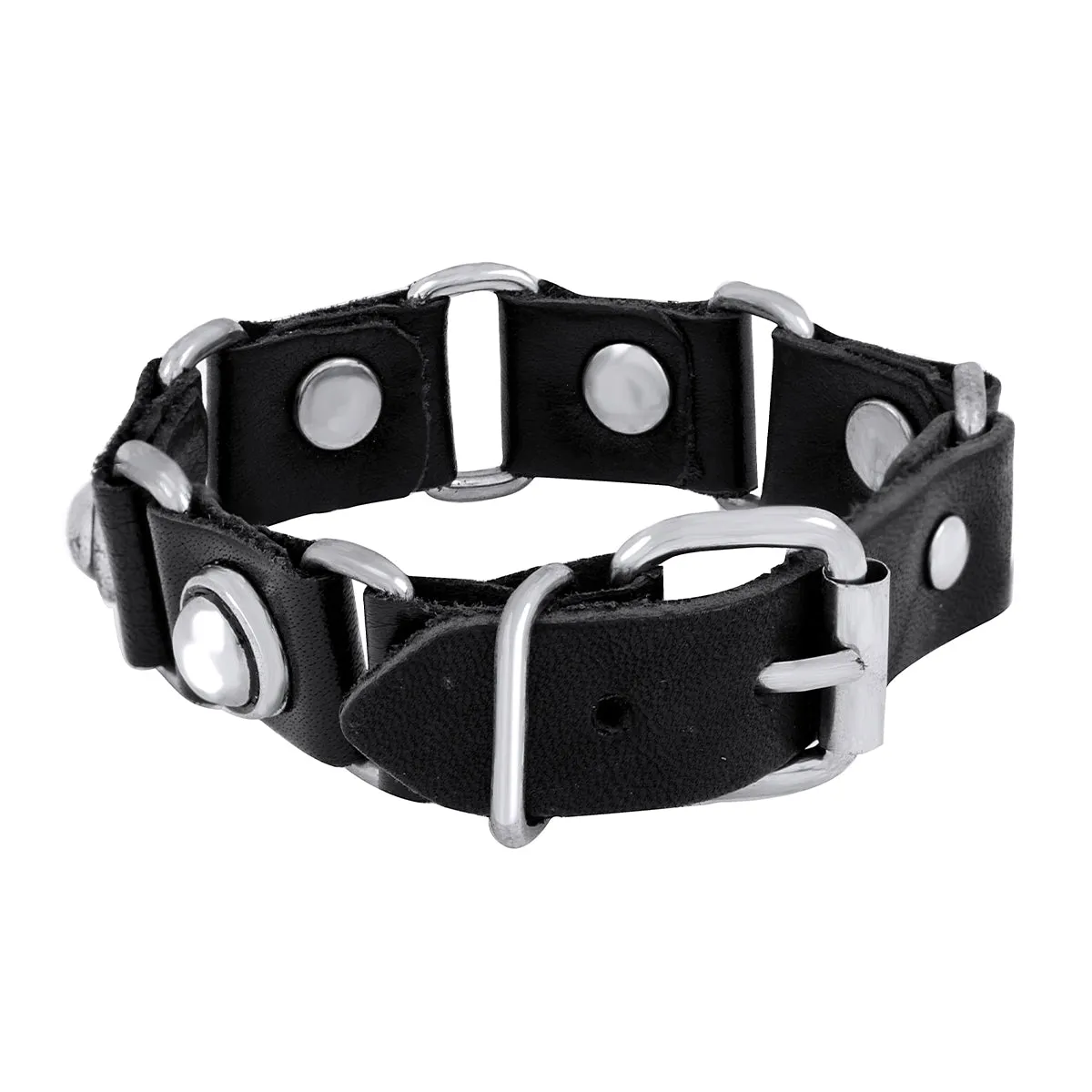Black Leather Steel Bullet Bracelet Strap Strand Free Size For Men