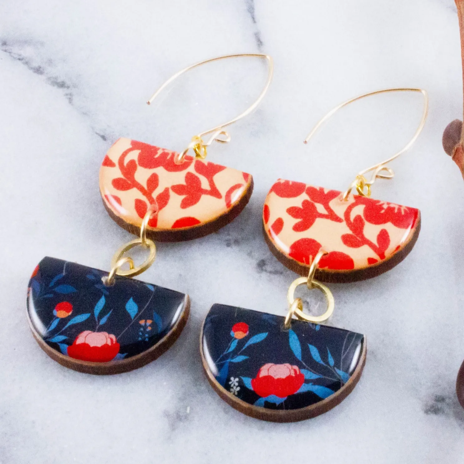 Blue   Red Graphic Stacked Half Circle Earrings