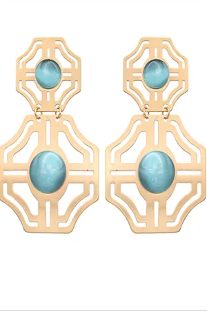 Brass Cutout & Stone Dangle Earrings-Blue/Gold