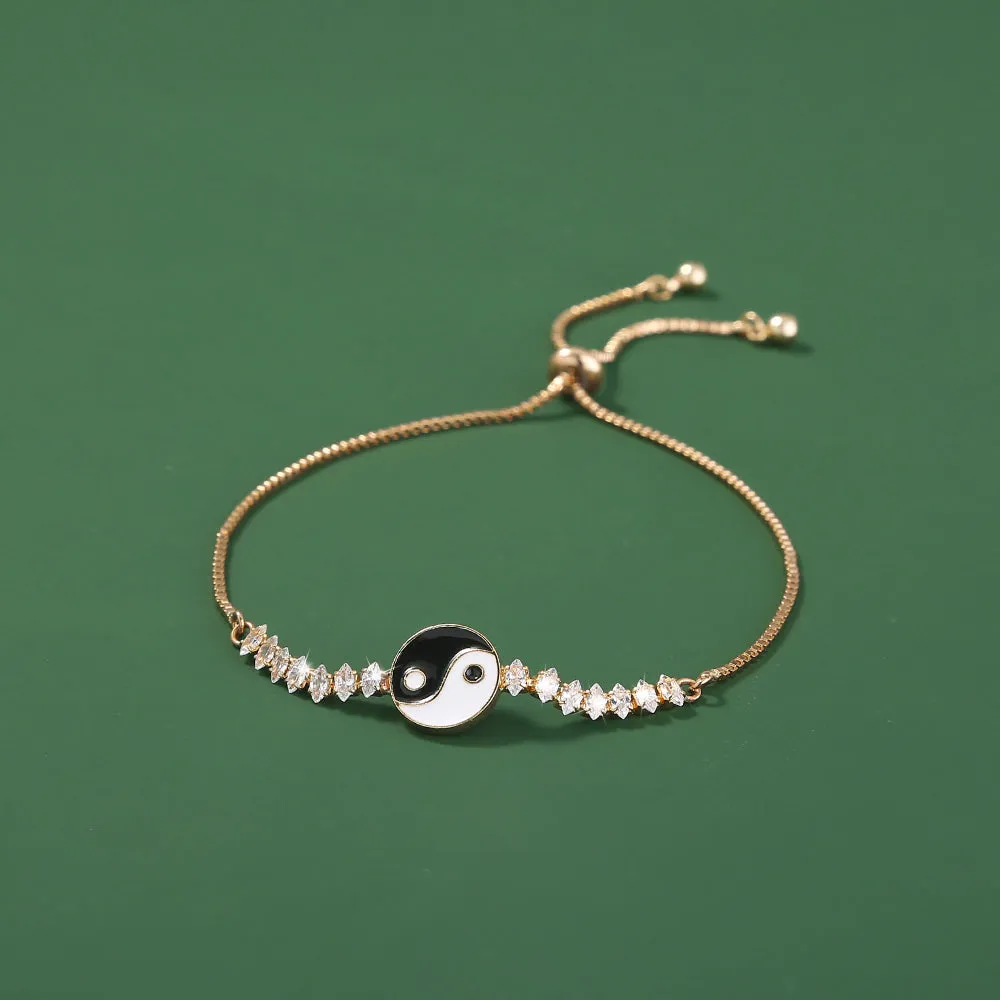 Brass Gold Plated Tai Chi Yin Yang Pendant Micro-set Zircon Shrink Pulled Copper Bead Bracelet