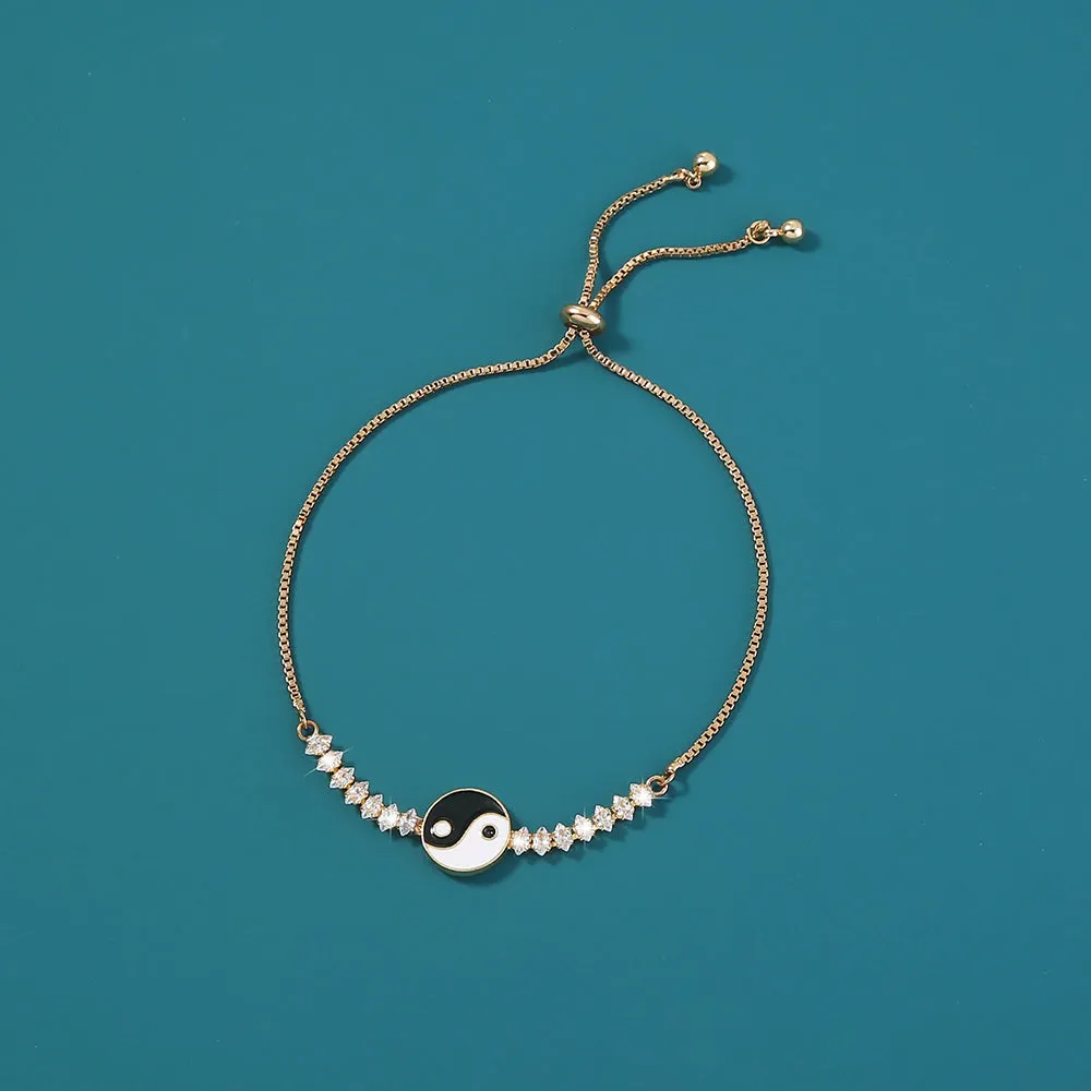 Brass Gold Plated Tai Chi Yin Yang Pendant Micro-set Zircon Shrink Pulled Copper Bead Bracelet