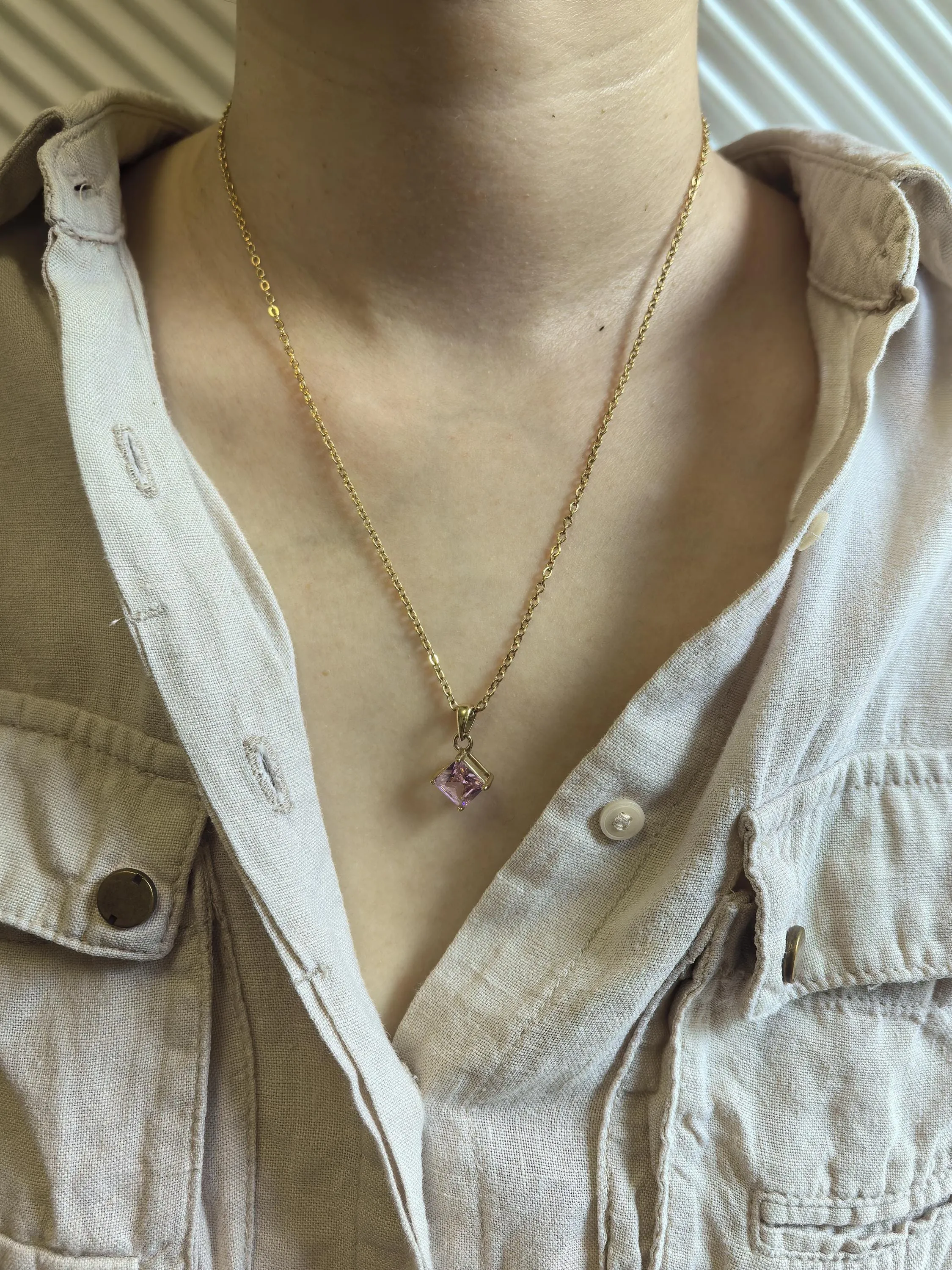 Chic Stainless Steel Pink Zircon Chain Link Pendant Delicate Dainty Necklace