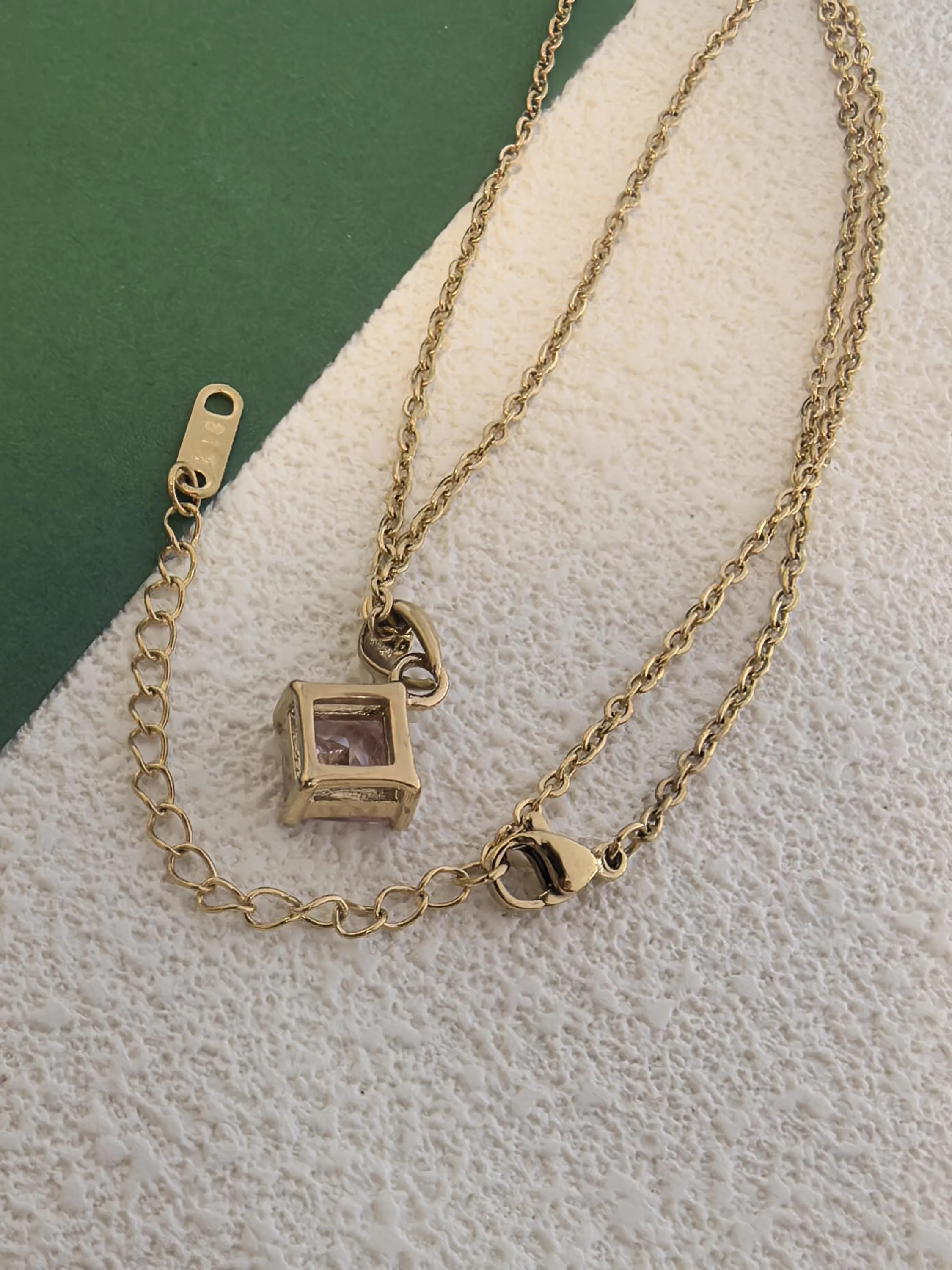Chic Stainless Steel Pink Zircon Chain Link Pendant Delicate Dainty Necklace