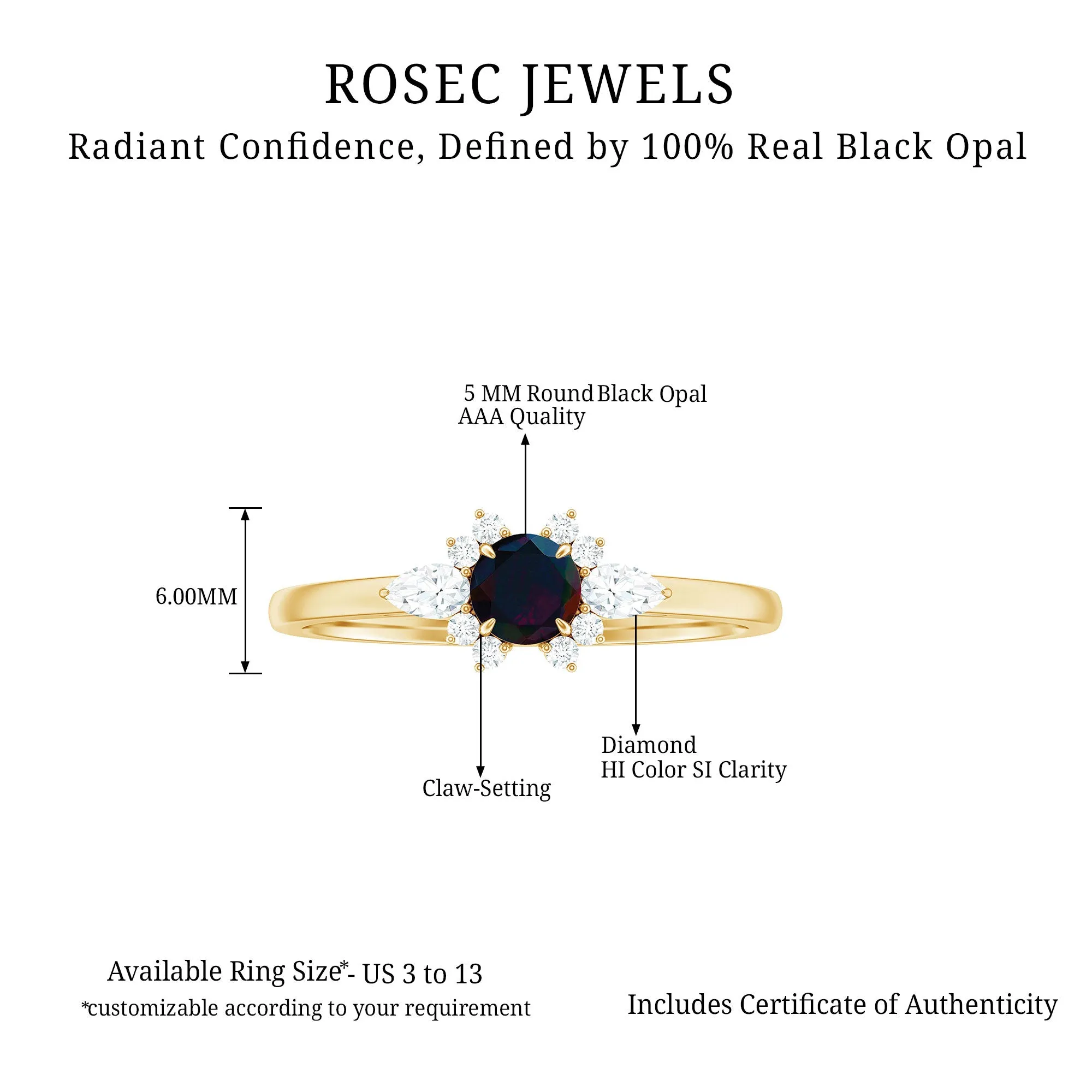 Claw Set Round Black Opal and Diamond Promise Ring