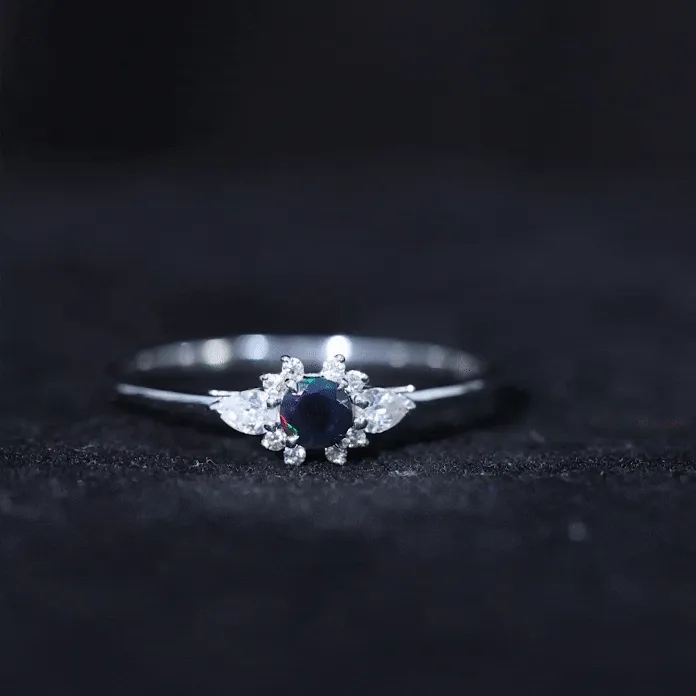 Claw Set Round Black Opal and Diamond Promise Ring