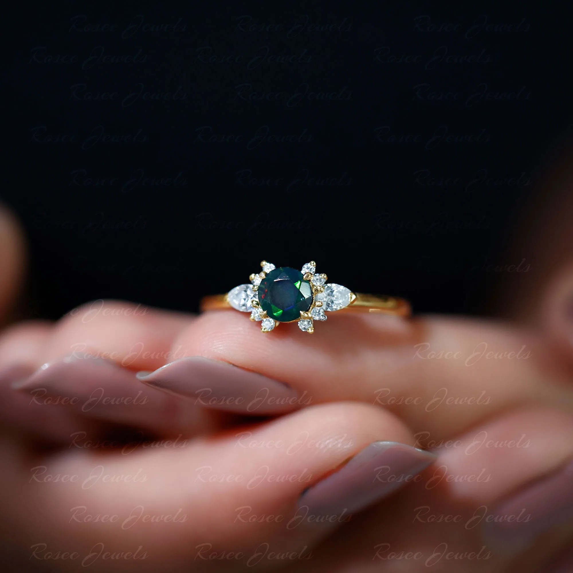 Claw Set Round Black Opal and Diamond Promise Ring