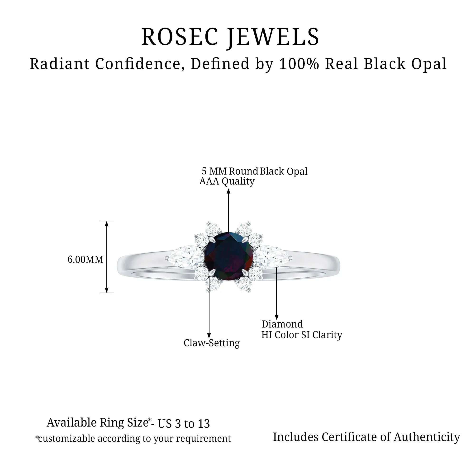 Claw Set Round Black Opal and Diamond Promise Ring