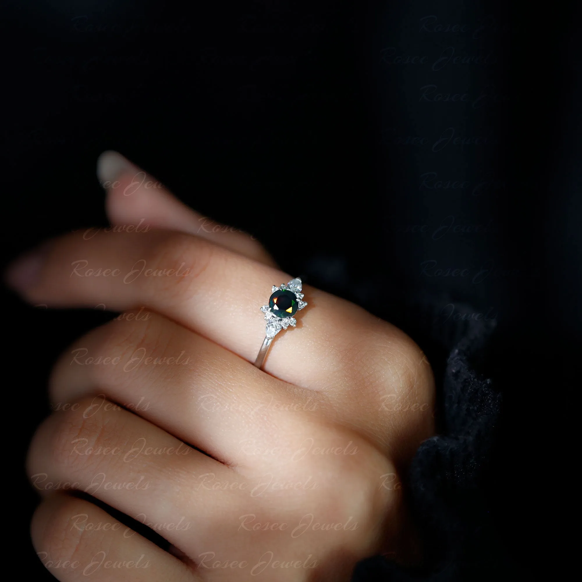 Claw Set Round Black Opal and Diamond Promise Ring