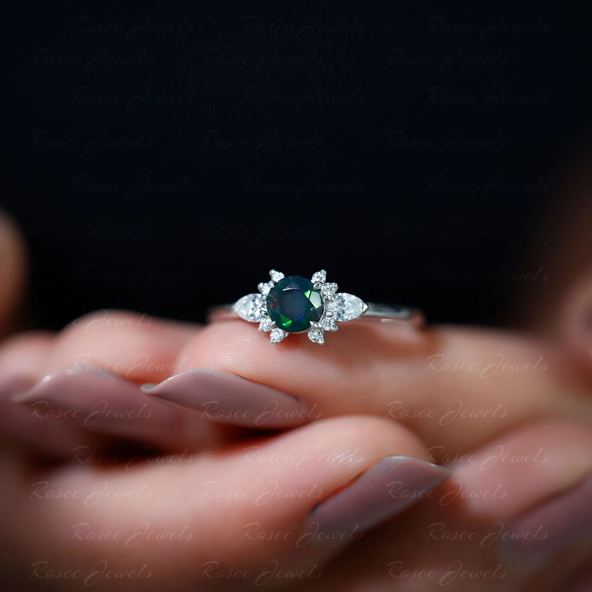 Claw Set Round Black Opal and Diamond Promise Ring