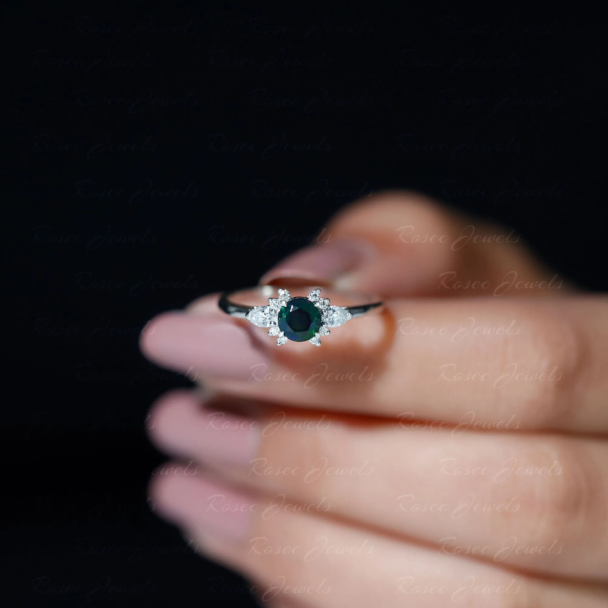 Claw Set Round Black Opal and Diamond Promise Ring