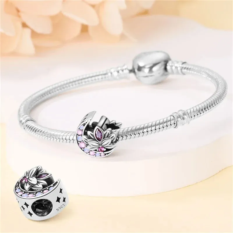 Colored Zircon Moon Lotus Charm Bead Fits Pandora Bracelet