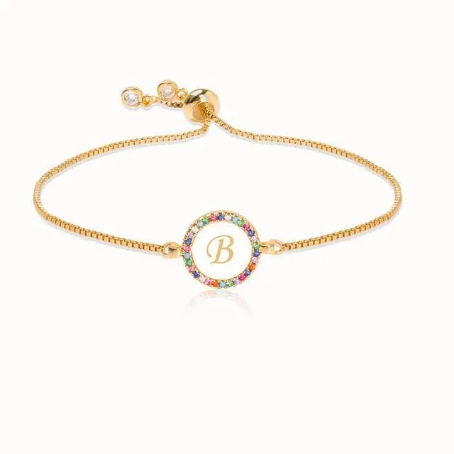 Colorful Rainbow Zircon 26 Letter Bracelet adjustable initial Bracelet