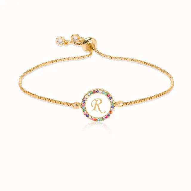 Colorful Rainbow Zircon 26 Letter Bracelet adjustable initial Bracelet