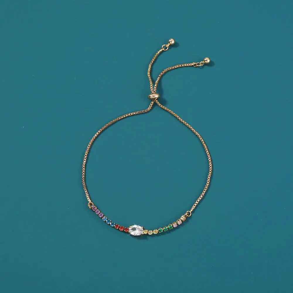 Copper Gold Plated Pendant Micro-Set Colorful Zircon Shrink Pulled Copper Bead Bracelet