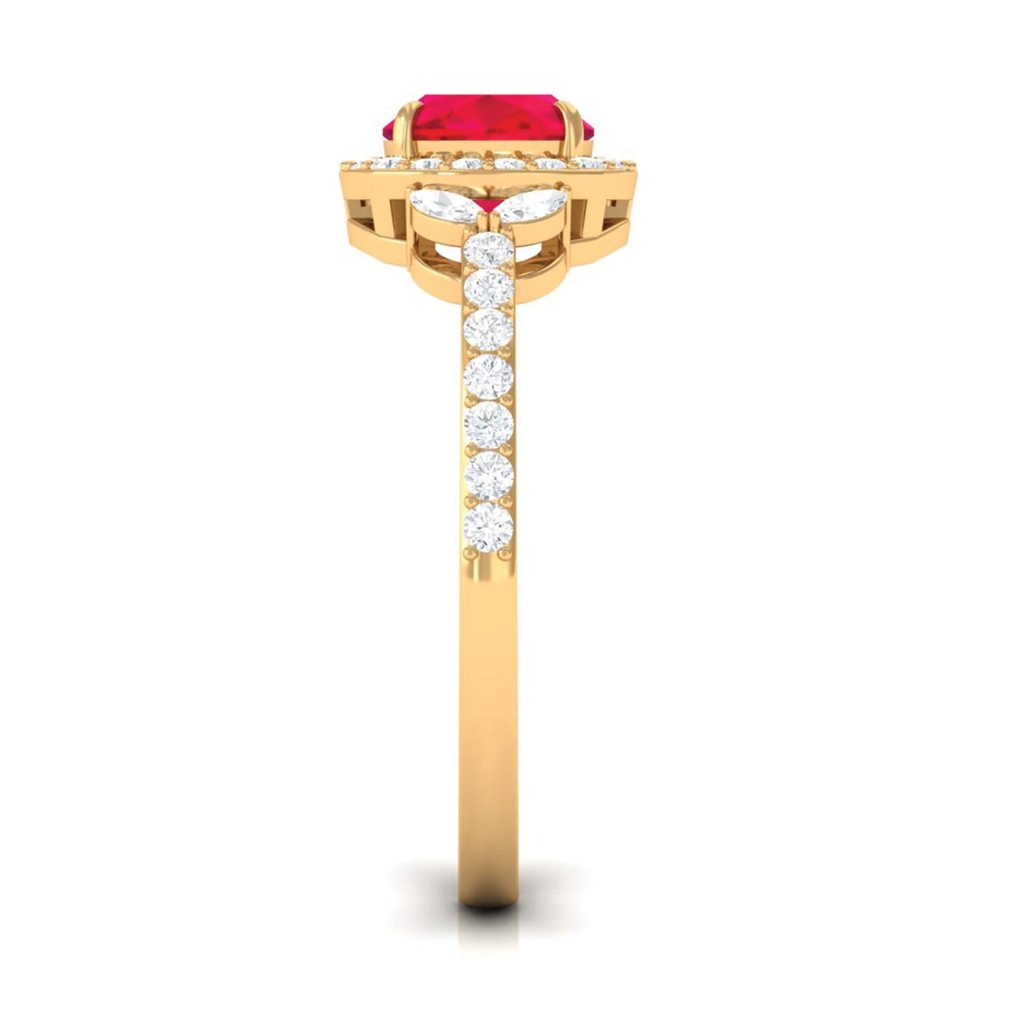 Cushion Cut Lab Grown Ruby Ring with Diamond Halo