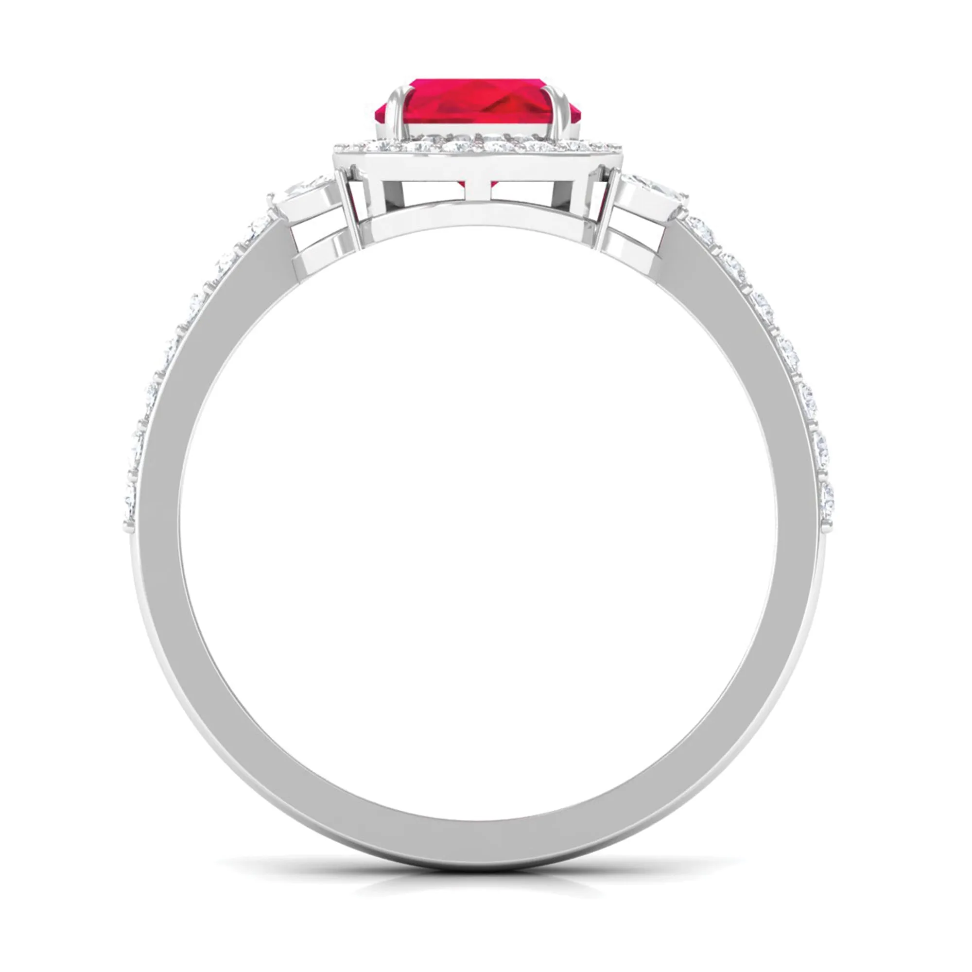 Cushion Cut Lab Grown Ruby Ring with Diamond Halo