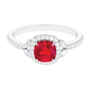 Cushion Cut Lab Grown Ruby Ring with Diamond Halo