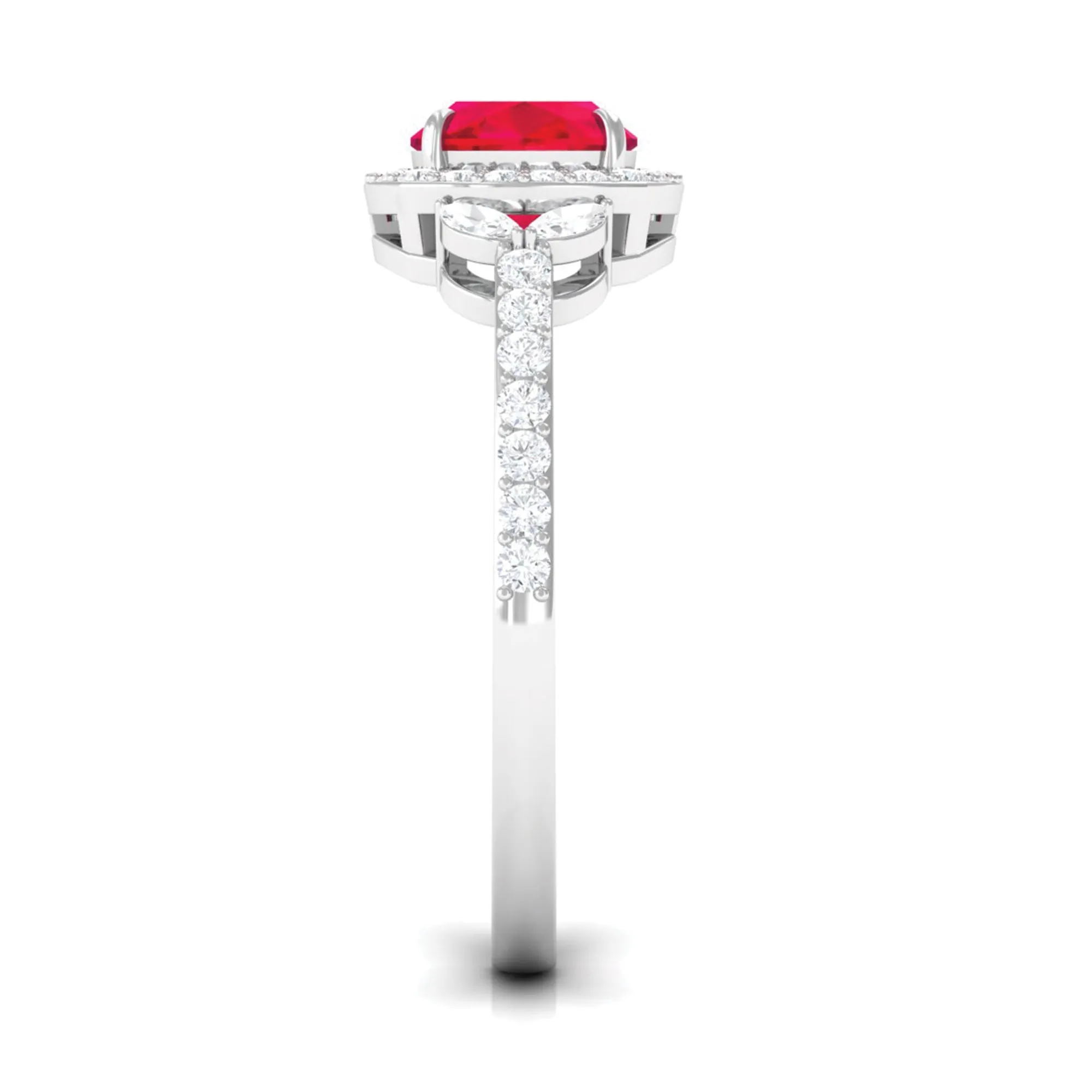Cushion Cut Lab Grown Ruby Ring with Diamond Halo