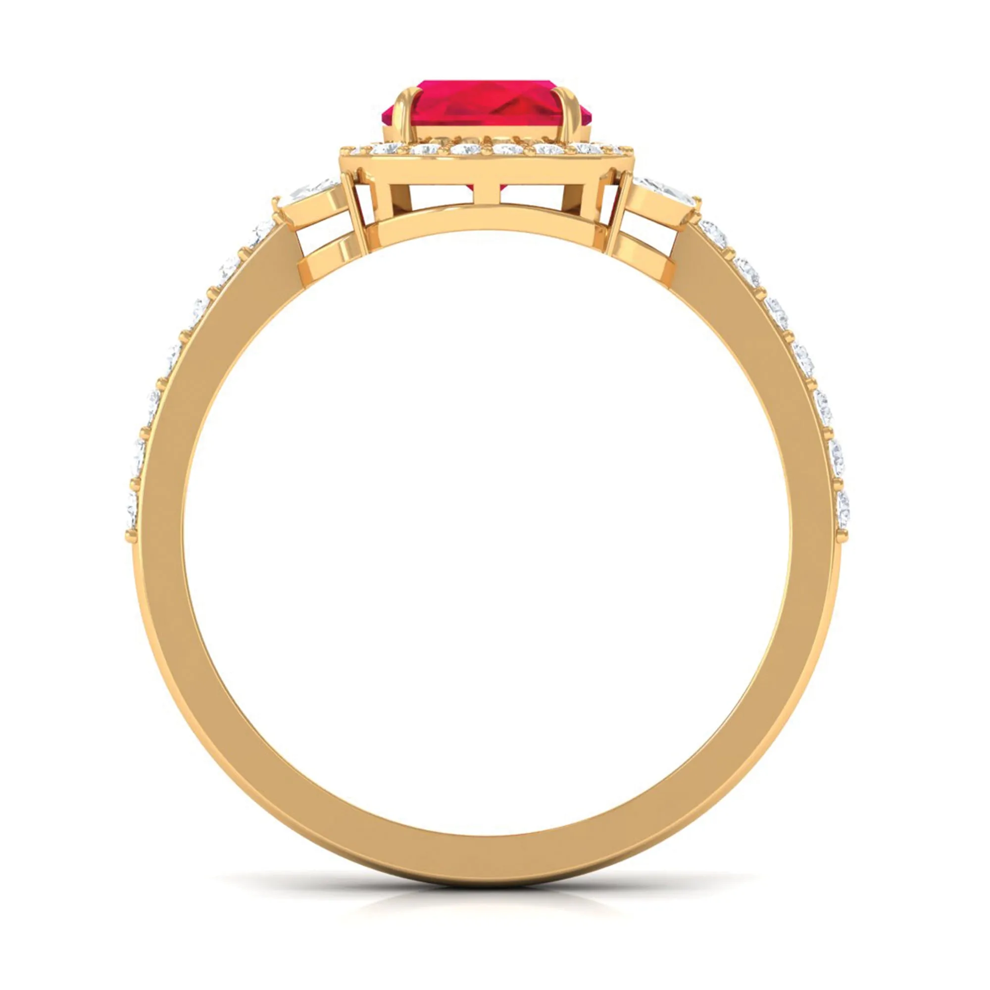 Cushion Cut Lab Grown Ruby Ring with Diamond Halo