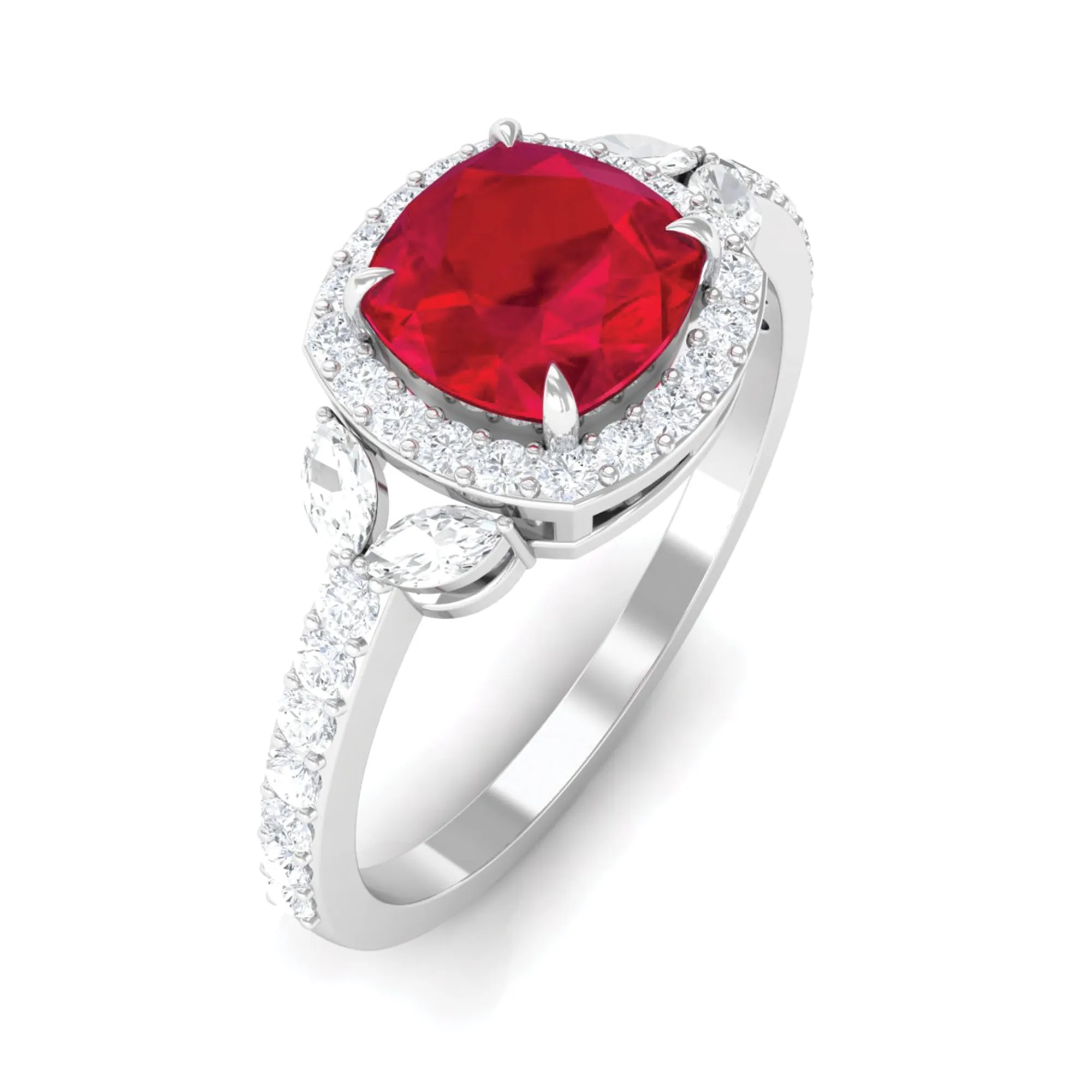 Cushion Cut Lab Grown Ruby Ring with Diamond Halo