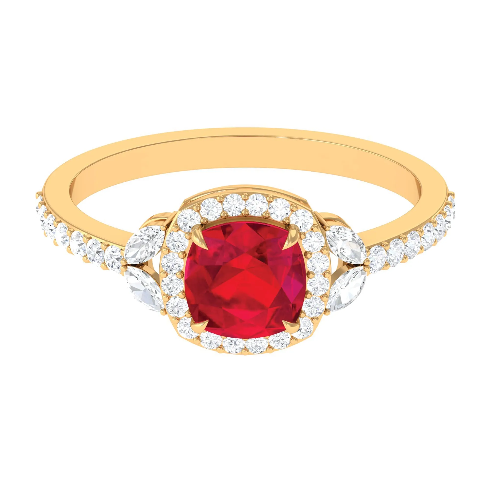Cushion Cut Lab Grown Ruby Ring with Diamond Halo