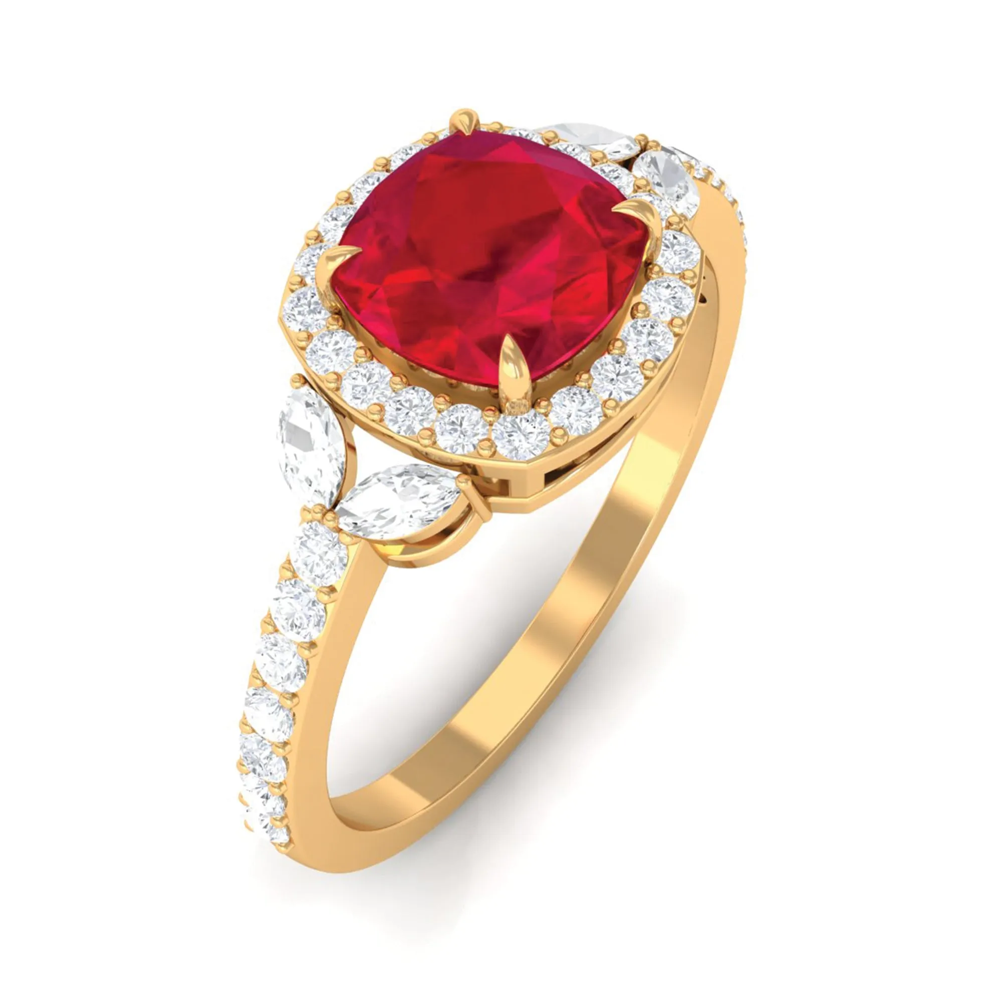 Cushion Cut Lab Grown Ruby Ring with Diamond Halo