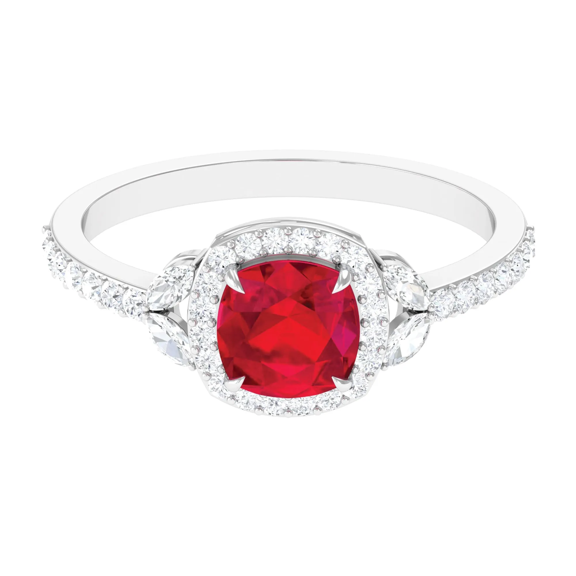 Cushion Cut Lab Grown Ruby Ring with Diamond Halo