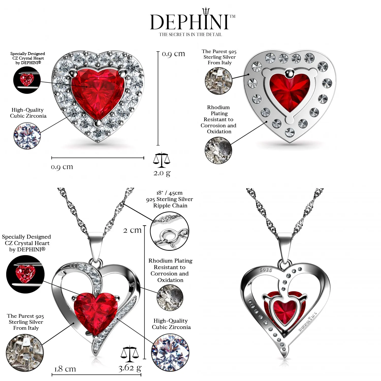 DEPHINI Red Jewellery SET Heart Necklace & Heart Earrings Silver