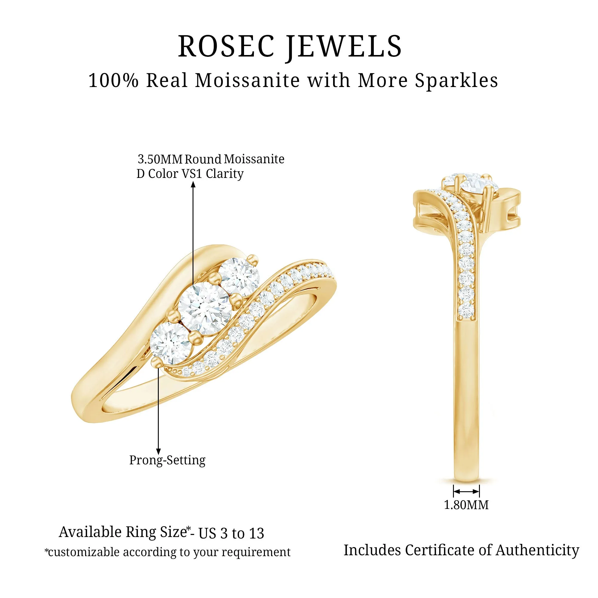 Designer Moissanite Three Stone Bypass Ring