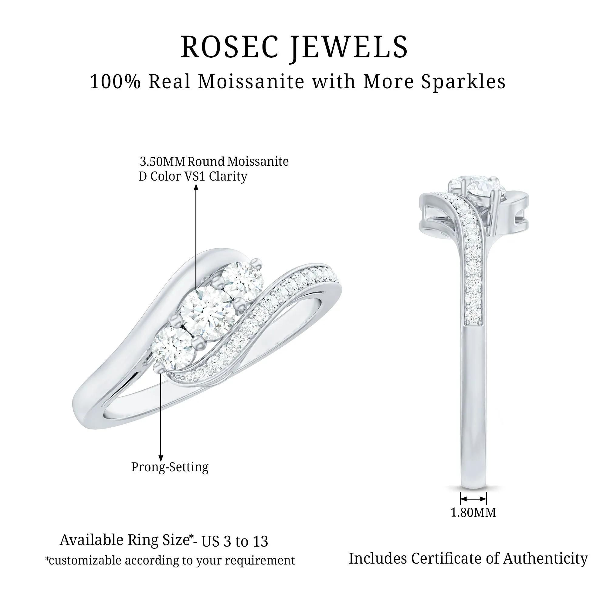 Designer Moissanite Three Stone Bypass Ring