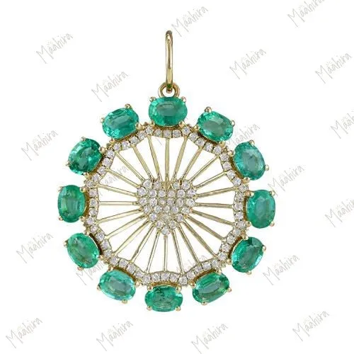 Diamond & Emerald Round Disc Pendant