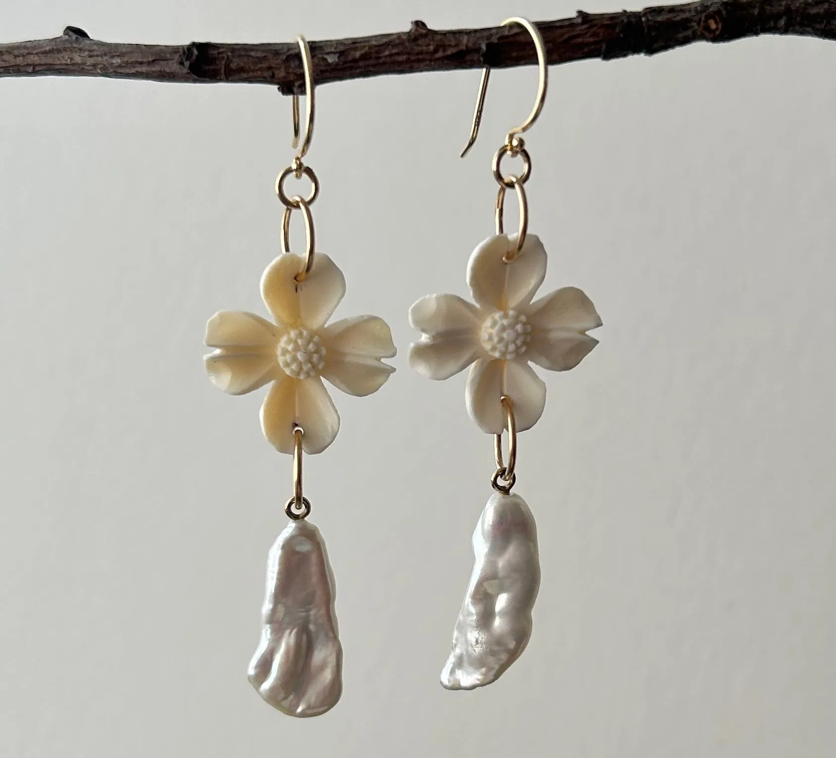 DOGWOOD BONE CARVING PEARL EARRINGS WITH INCREDIBLE LUSTER #1