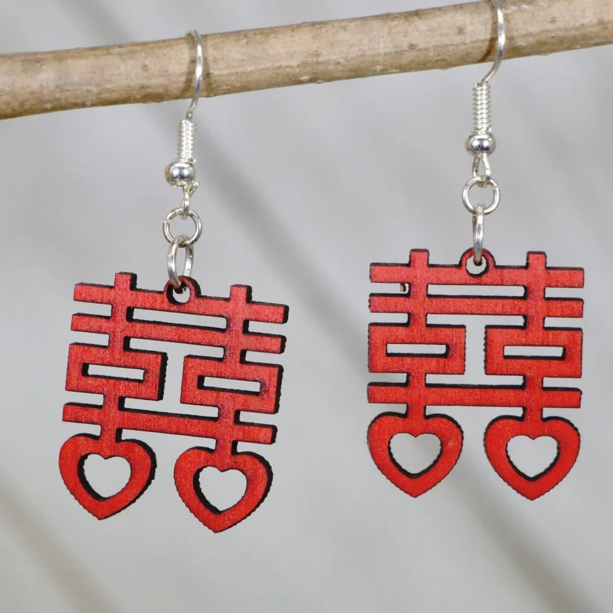 Double Happy Chinese Symbol with Hearts Wooden Dangle Earrings by Cate's Concepts, LLC