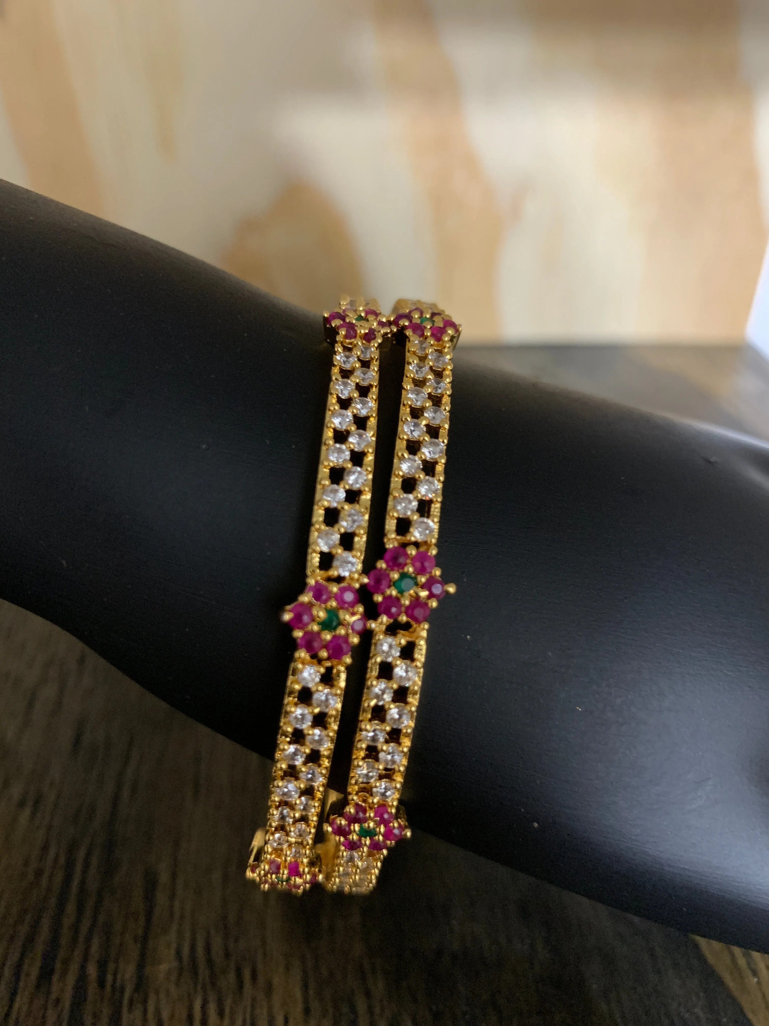 Elegant AD Red Green Stone Floral Patterns Bangle