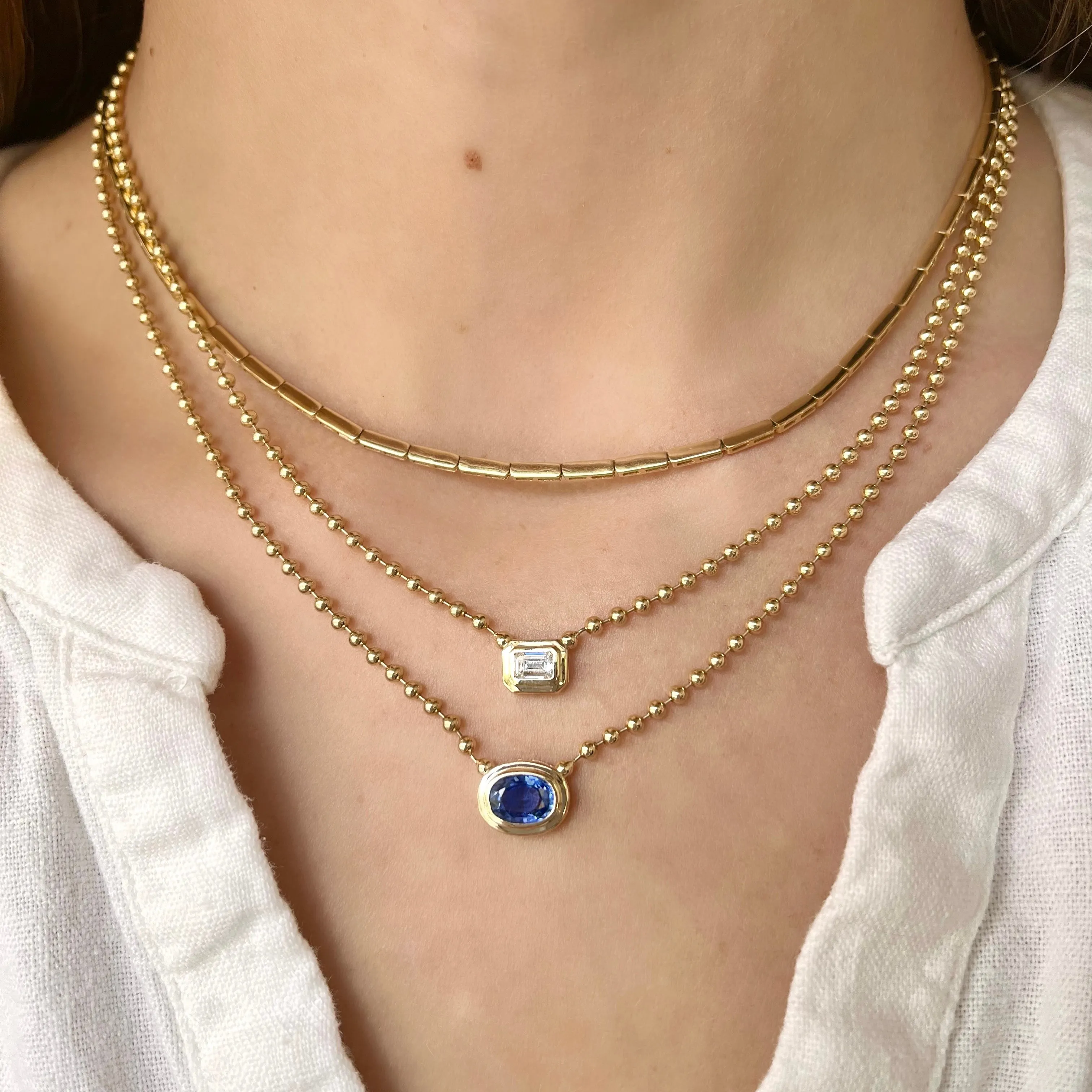 Emerald Cut Diamond On Gold Ball Chain
