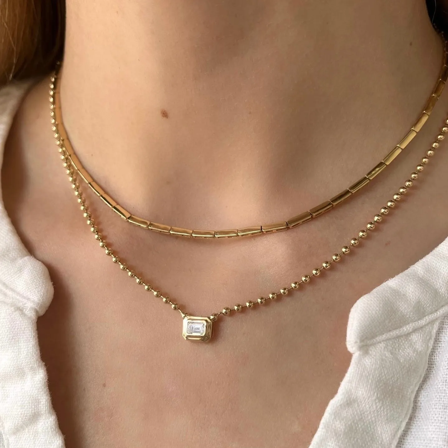 Emerald Cut Diamond On Gold Ball Chain